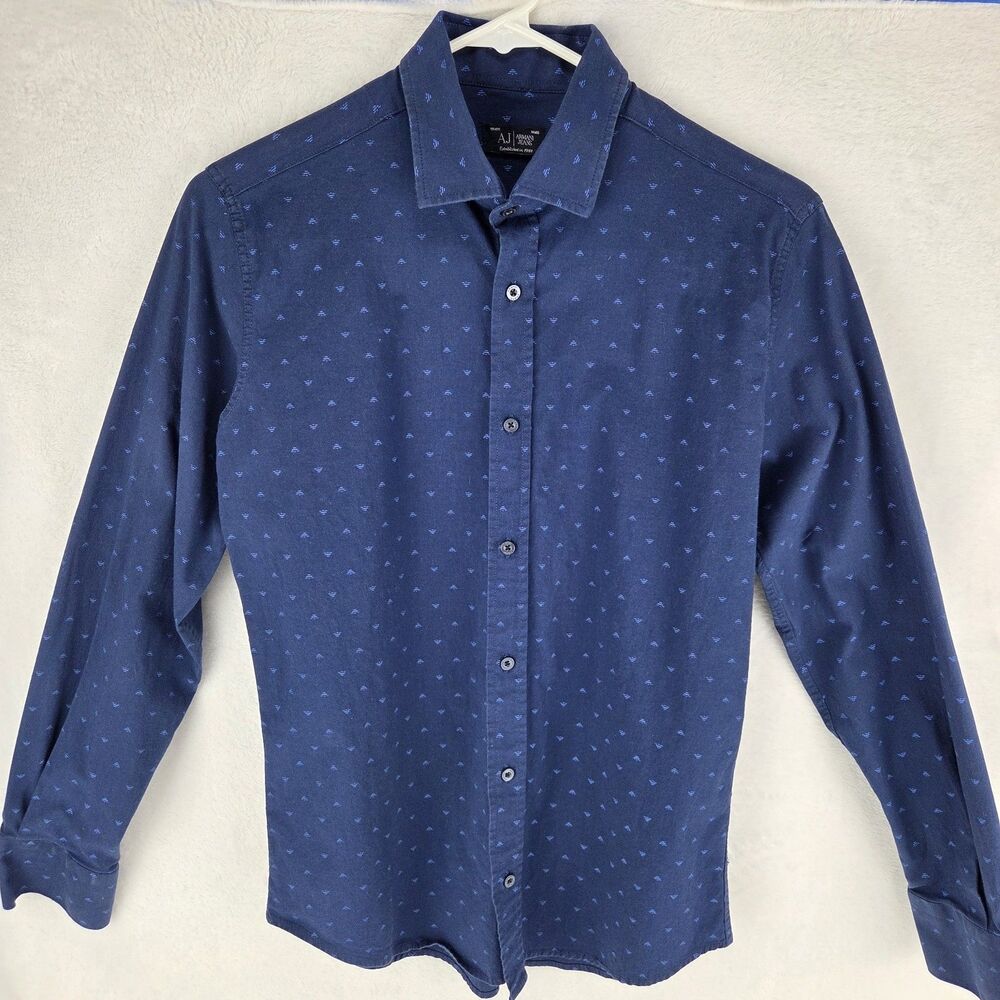 AJ Armani Jeans Blue Button Front Shirt Small Made In Italy Stretch‎